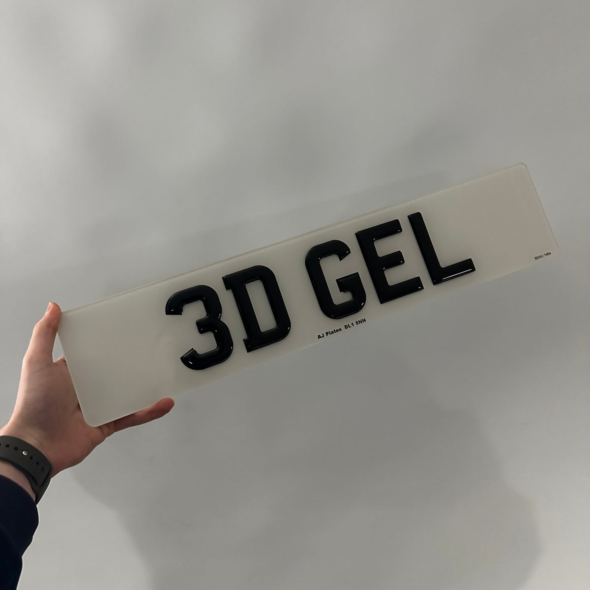 AJ Plates 3D gel number plate with raised domed gloss-black lettering